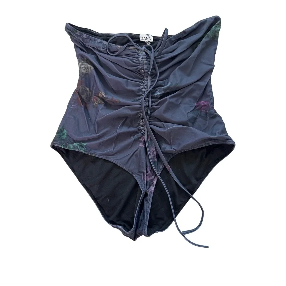 GANNI Strapless Ruched Floral One Piece Swimsuit Slate Grey Blue Size Small‎